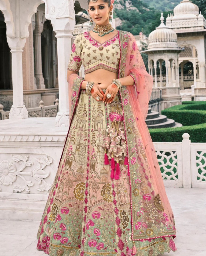 PEACH - Peach & Off-White Fancy Silk Lehenga Choli With Cut Work Embroidery Border & Stone Work